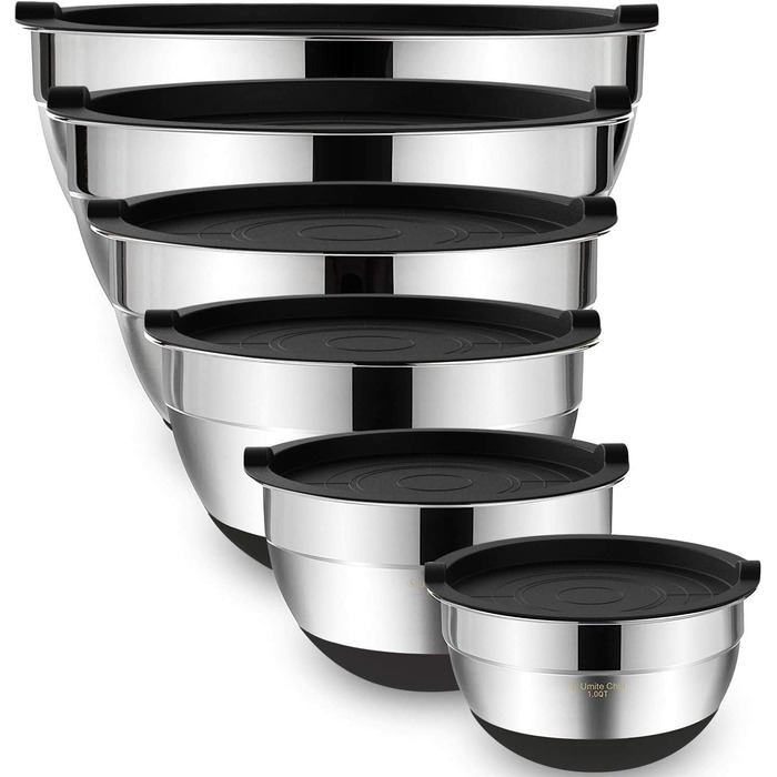 Umiten Mixing Bowls with Airtight Lids, 6-Piece Stainless Steel Metal Bowls Chef, Measuring Markings Durable Quality Size 7, 3.5, 2.5, 2.0, 1.5, 1QT, ideal for Mixing and Serving (Black)