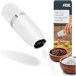 Electric salt mill with tilt sensor | Pepper mill with ceramic grinding mechanism | Spice mill | Infinitely adjustable | Salt, pepper, chili, dried herbs | Herb mill | With lighting | White