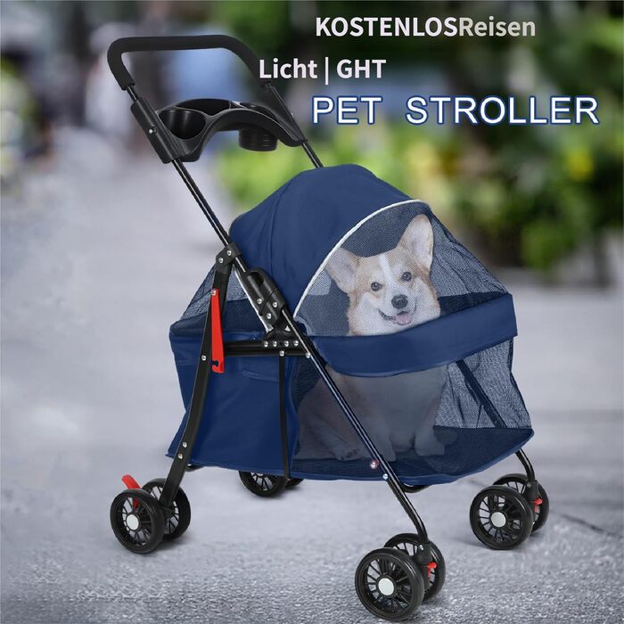 Візок для собак 2в1 до 15 кг, сумка-переноска, блакитний. З гальмом та підстаканниками