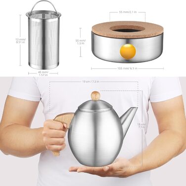 Glass Teapot with Silver Stainless Steel 1200ml with 18/8 Stainless Steel Tea Strainer Tea Maker Suitable for Tea Warmers (Stainless Steel Teapot with Lid)