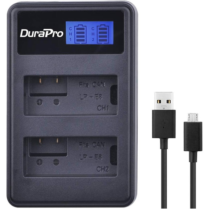 Акумулятор DuraPro LP-E8 для Canon (2 шт.) + LED USB зарядний пристрій; сумісний з EOS 550D, 700D, 600D, 650D, Rebel T2i T3i T4i T5i, Kiss X4 X5 X6i X7i DSLR