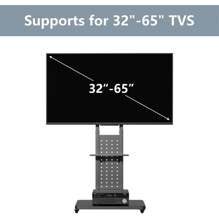Підставка для телевізора Unho на коліщатках, поворотна 90°, регульована по висоті, з 2 полицями, для телевізорів 32-65
