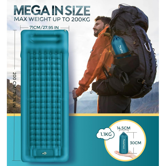Надувний килимок Isomatte самонадувний з помпою, для кемпінгу, пікніків, пляжу, намету, блакитний, одинарний