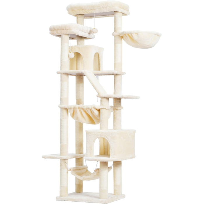 Кігтеточка-кітчечка Heybly HCT034W, 180 см, бежева: 2 платформи, 2 будиночки, 2 гамаки, кошик, кігтедряпання