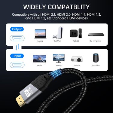 HDMI 2.1 кабель TEFLOTY: 8K, 48Gbps, Ultra Highspeed, підтримка 8K@60Hz, 4K@120Hz, eARC, HDCP 2.2/2.3, DTS:X, Dolby Atmos, сумісний з HDTV, PS5/4/3, Xbox Series X/S, моніторами