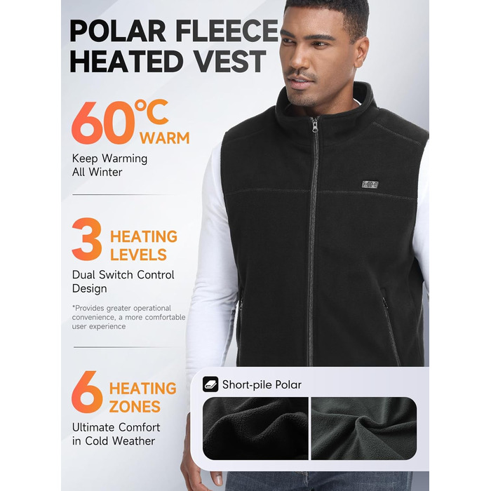Обогріваючий жилет/куртка з підключенням до Powerbank, Microfleece, 6 зон нагріву, 3 режими температури, для жінок та чоловіків, чорний