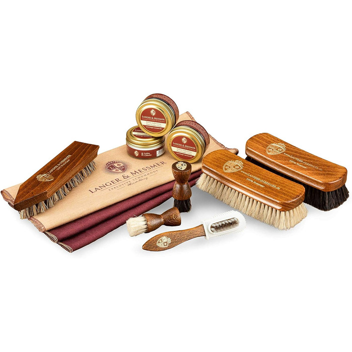 Langer & Messmer Shoe Care Set incl. high-quality leather care creams and horsehair brushes for effective care of your smooth leather shoes - The shoe care set for professional shoe care