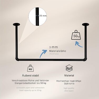 Clothes Rail Wardrobe Industrial Design for Ceiling | Width 70 cm x Height 50 cm | Ceiling Mounting | Clothes Rail | Dressing Room | Bedroom | Hallway | Walk-in Closet