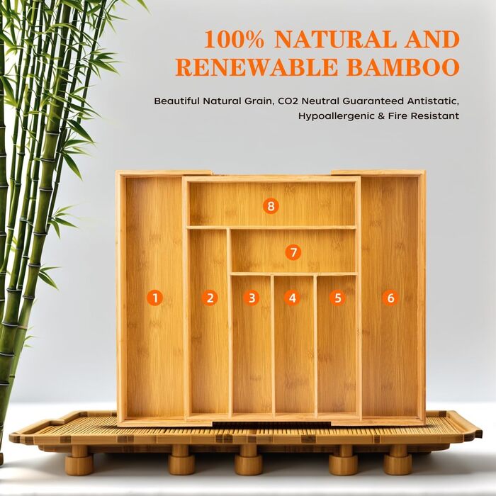 Органайзер для столових приборів бамбуковий висувний для шухляди 33-52 x 43 x 5 см, 6-8 відділень, пластиковий лоток для кухні