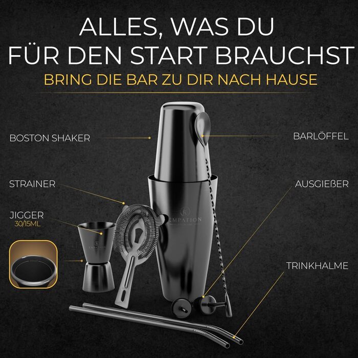Набір для коктейлів EMPATION: професійний шейкер Boston, 8 предметів, 825 мл, нержавіюча сталь, чорний