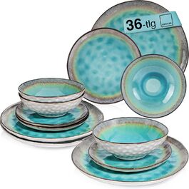 SÄNGER | Capri Tableware Set, 36-Piece Plate Set for 12 People, Stoneware Dinnerware Plates Set Dessert Plates Dinner Plates & Bowls, Handmade Plates, Turquoise Blue Dinner Service with Grey Rim, 36-Piece Tableware Set