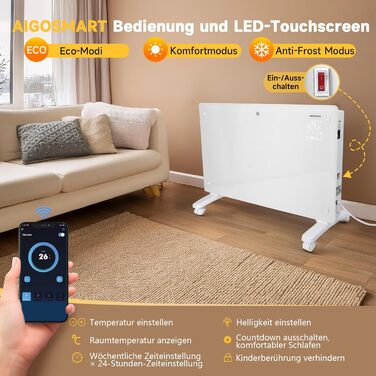 Електричний конвектор Aigostar з термостатом та Wi-Fi, 2000W, для кімнат до 30 м², чорний. Можлива установка на стіну або на підлогу.