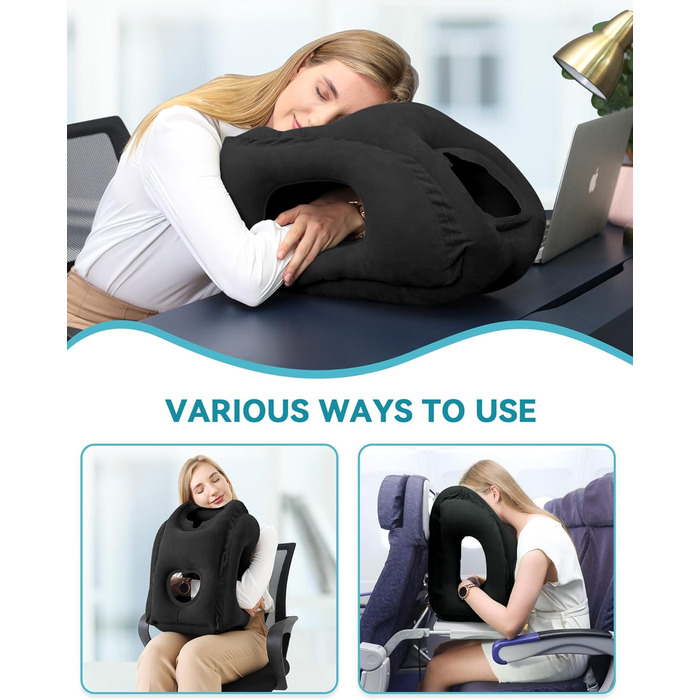 JefDiee Inflatable Neck Pillow Travel Airplane, Portable Travel Pillow, Neck Support Pillow Comfortably Supports Head and Chin, Pillow for Trains, Cars, Office, Home, with 3D Eye Mask, Earplugs (Black)