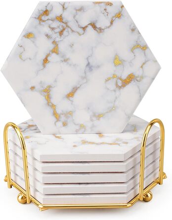 Marble-Style Coasters, Set of 6 - Drink Coasters for Wood Table With Metal Holder - Gold-Colored Ceramic Cup Set - Rustic Home Decor, Room Decor, Party (Luxury White Gold Marble 06)