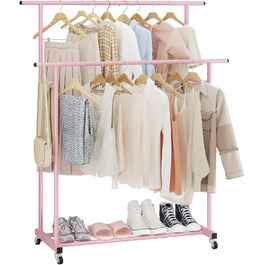 Clothes Rack with Double Rod, Rolling Clothes Rack, Portable Clothes Rack for Bedroom, Living Room, Clothing Store (Pink)