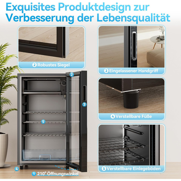 Холодильник для напоїв TriumphKEY, 85 літрів з LED-підсвіткою, скляна дверцята, 3 полиці та відділення для пляшок (сода, пиво, вино)