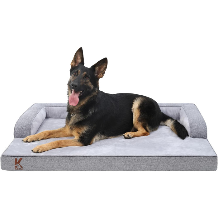 Ортопедичне ліжко для собак великих порід, корзина для собак знімний, що миється чохол, диван для собак водонепроникний з бортиком, антиковзаюча підкладка, 88x55x15 см (Сірий)