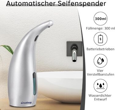 Greatmay Automatic Soap Dispenser - Touchless Electric 300ml Soap Dispenser with Adjustable Settings, IPX6 Waterproof for Bathroom, Kitchen