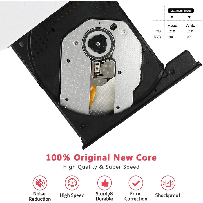 Зовнішній CD/DVD привід USB 3.0 та Type-C з картридером SD/TF, портативний RW-записувач для ноутбука, ПК, MacBook (Windows, macOS, Linux) — Білий