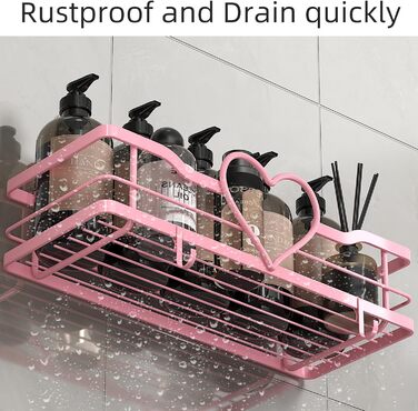 Двостороння поличка для душу без свердління, рожева, з 4 гачками, 11.5 см - органайзер для шампуню та мила