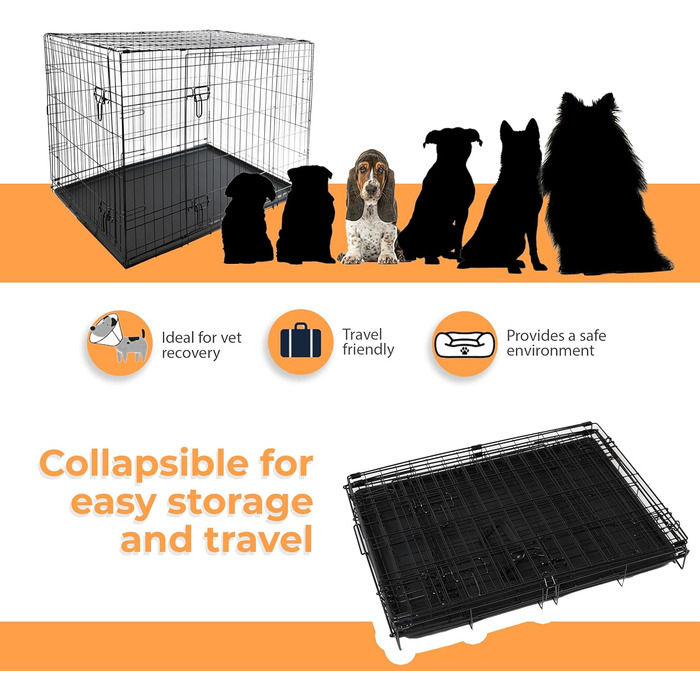 Клітка для собак DIVCHI з піддоном - міцна, складана, з двома дверцятами | Легко миється, знімний піддон, будиночок для котів | Чорна (122x76x81см) (76 x 48 x 54см)