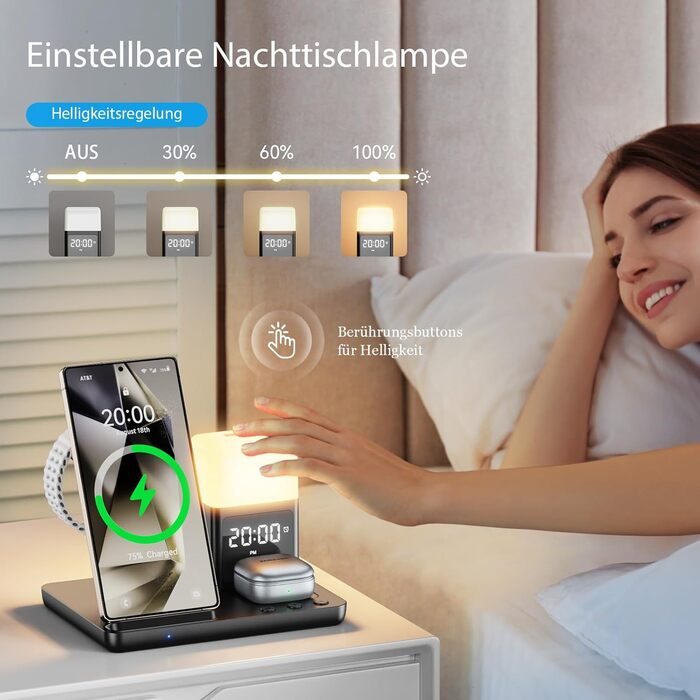 База для бездротової зарядки 6-в-1 з годинником та нічником для Samsung Galaxy (15W, чорний)