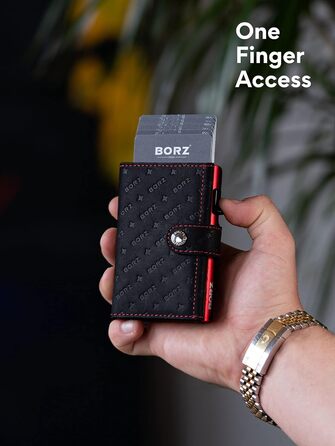 Крутий чохол-картхолдер BORZ Prime для AirTag з відділенням для монет, цифровою візитною карткою, захистом RFID, карбоном та червоною строчкою. Slim, шкіряний, з червоною строчкою.