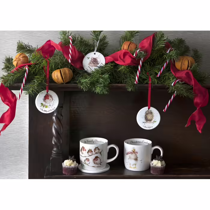 Чашка та підставка Royal Worcester Wrendale 'Family Christmas' з пташками, кольорова, подарунковий набір для сімейного Різдва