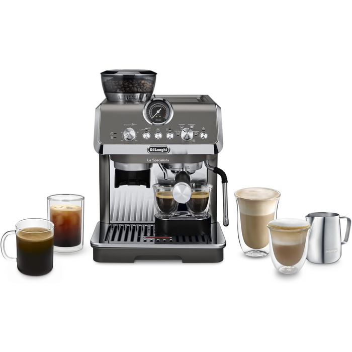 De'Longhi La Specialista Arte Evo EC9255.T Semi-automatic espresso machine with grinder, cold brew function, 8 grind settings, 15 bar, 3 temperatures, milk frothing wand, titanium finish, including barista kit. With Cold Brew function, espresso machine, titanium.