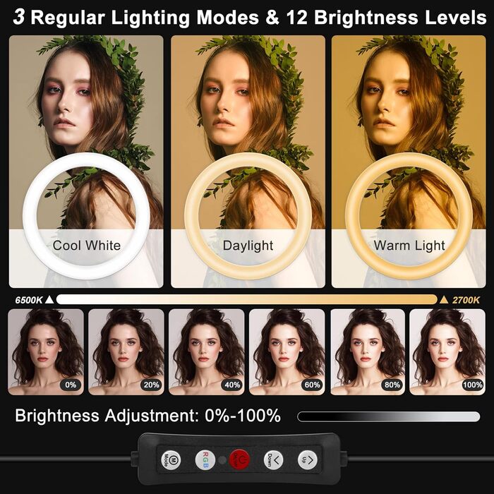 Кільцеве світло 13 дюймів з штативом, кліп для планшета та 2 тримачі для телефону, 3000-6000K, 10 рівнів яскравості, музичні режими, 100 RGB-режимів, LED кільцеве світло для селфі, TikTok, Vlog, YouTube, Facebook відео