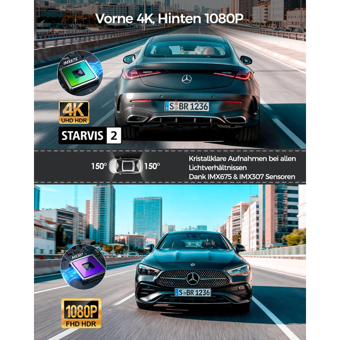 Відеореєстратор HUPEJOS 4K для авто (двоканальний, STARVIS, HDR, GPS, WiFi, нічна зйомка, 64GB карта в комплекті)