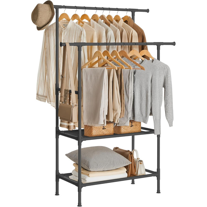 SONGMICS Стійка для одягу металева, з 2 перекладинами та 2 полицями, біла, до 70 кг, RDR02WT (Чорний)