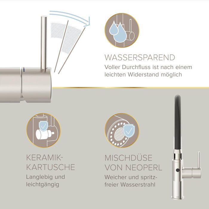 Кухонний змішувач Lenz NALU нікель-матова поверхня, висувна насадка, 2 режими, економія води, антифотковідбиток, монтаж зверху, артикул 46070422