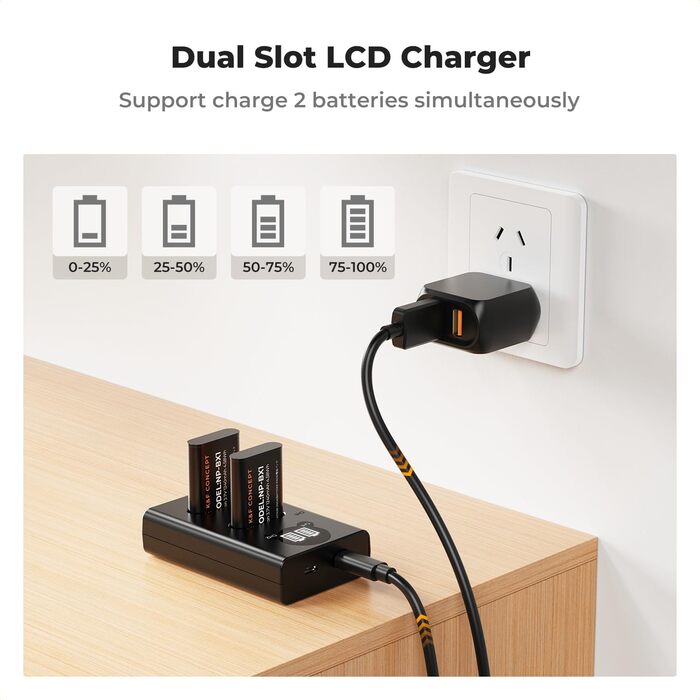 Запасний акумулятор K&F CONCEPT NP-BX1 (2 шт.) з LCD-зарядним пристроєм для Sony RX100/ HX50/ WX350/ RX1R/ HX90/ RX100M7/M6/M5/PJ410/AS30 та інших камер Sony. Сумісний з оригінальним акумулятором та зарядним пристроєм