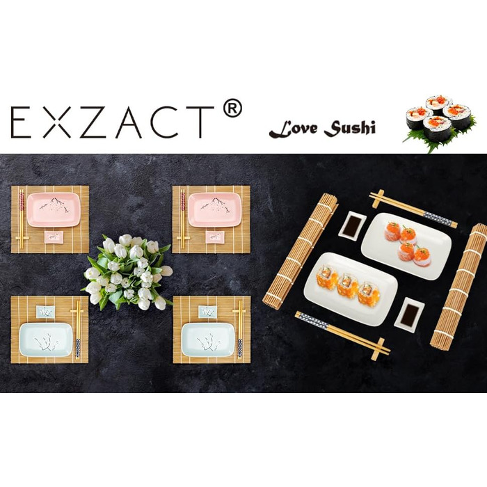 Набір для суші Exzact (10 шт.) – 2 тарілки, 2 миски для соусу, 2 підставки під столові прилади, 2 пари паличок для їжі – високоякісний фарфор, у подарунковій коробці – блакитний колір