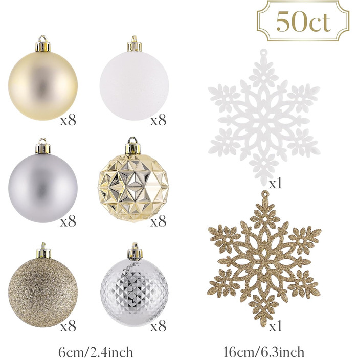 50 шт. прикраси на ялинку Valery Madelyn, 5 см, білий та золотий, з кріпленням, пластик, для ялинкової прикраси, знімна, міцна, сніжинки, для декору на Різдво