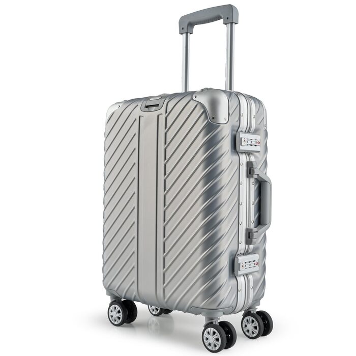 Валіза ручної поклажі 20 дюймів (срібна) з алюмінієвим каркасом, водонепроникна, з кишенями для ноутбука та захистом кутів | Валіза на колесах, екстра стабільна