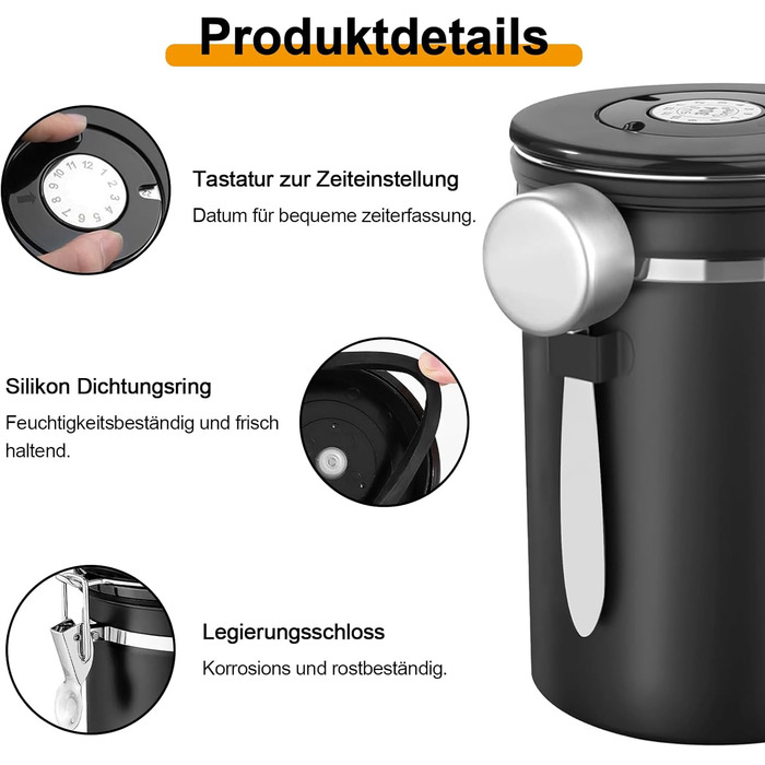 Герметична кавова банка з нержавіючої сталі, 1,8 л. З мірною ложкою та індикатором дати. Для кави, чаю, горіхів, какао. Зберігає свіжість надовго. Білий (Чорний) колір