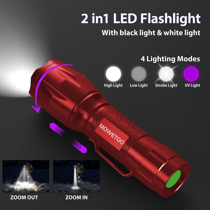 Ліхтар UV 2-в-1, 395нм, детектор фальшивих грошей та сечі тварин, 4 режими, 40W (червоний), з 3 AAA батарейками