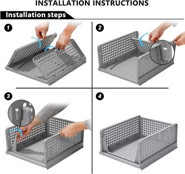 4 Foldable Plastic Storage Boxes Shelf Baskets Closet Storage Boxes Foldable Kitchen Drawer Organizers Stackable Storage Boxes Transport Boxes Closet Containers Cube Pull-Out Drawer - Grey