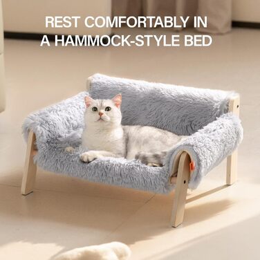 MEWOOFUN Elevated Cat Bed Sofa made of Wood, Sturdy Large Cat Sofa – Fashionable Cat Stool with Removable Mattress Cover, Holds up to 10 kg (56x45cm, Grey)