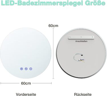 Дзеркало для ванної кімнати з підсвічуванням, кругле, 80 см, 3 кольори світла, регулювання яскравості, антизапар, сенсорна кнопка, функція пам'яті, LED дзеркало з підсвічуванням, енергозберігаюче (3 кольори, регулювання, антизапар, 60x60 см)