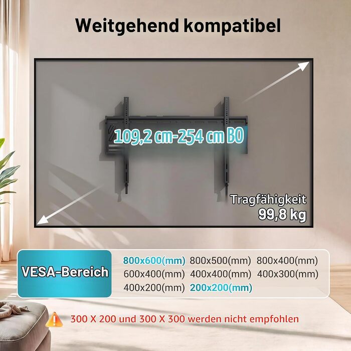Настінний кронштейн для телевізора BONTEC Heavy Duty 43-100 дюймів, до 100 кг, VESA 800x600 мм, ультратонкий фіксований навіс (23 мм), сталевий