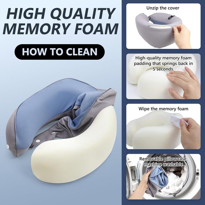 Подушка для шиї у літак, доросла, регульована, з піною з пам'яті, ергономічний дизайн, з чохлом, маскою для очей та навушниками