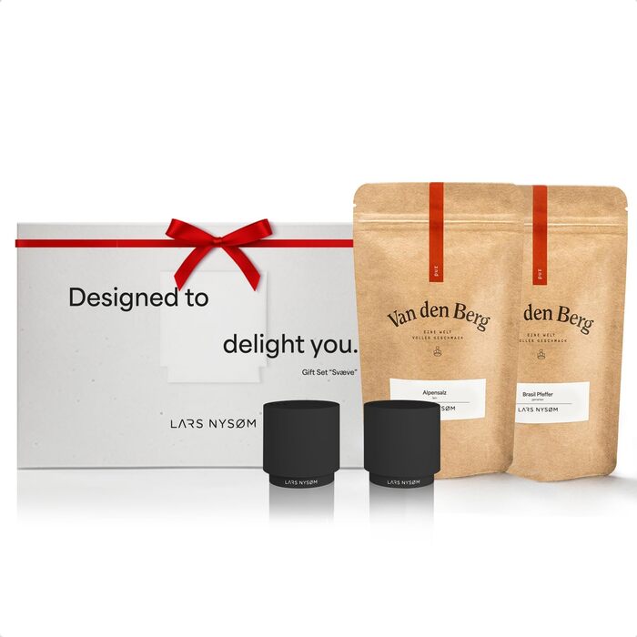 LARS NYSØM Gift Set with Salt and Pepper Shakers & Spices - Mini Designer Salt and Pepper Shakers with Finest Alpine Salt and Brazilian Pepper in an Attractive Gift Box - Carbon Black