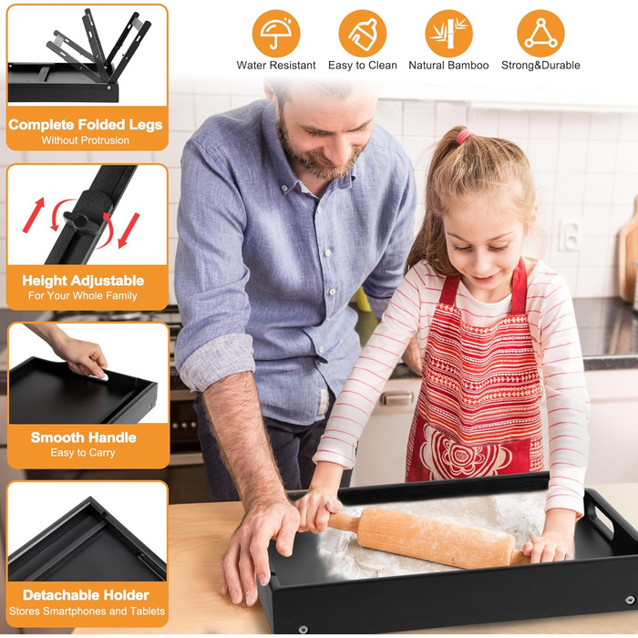 Бамбукове піднос-столик Greenual з ручками, складними ніжками, слотом для медіа, чорного кольору (2 шт.)