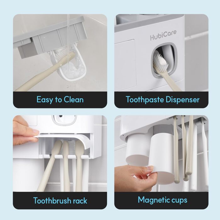 HubiCare Toothbrush Holder with Toothpaste Dispenser Wall Mount for Bathroom, Automatic Toothpaste Press, Bathroom Organization and Storage, 5 Toothbrush Slots (2 Cups)