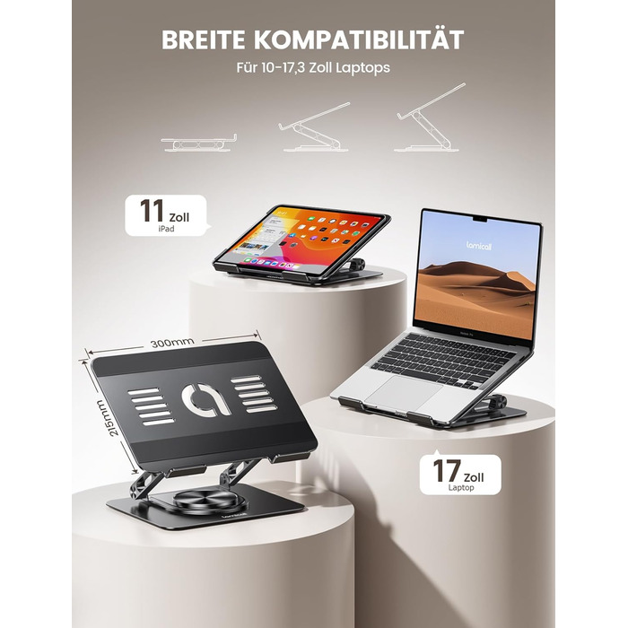 Підставка для ноутбука Lamicall, регульована - 360° обертання, складна, алюмінієва - для столу/офісу, універсальна ергономічна підставка для Macbook Pro Air, 10-17,3' (чорний)