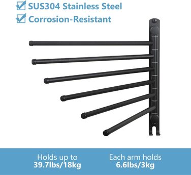 Тримач для рушників JSVER з нержавіючої сталі, 6-ти секційний, поворотний, чорний, 34 см