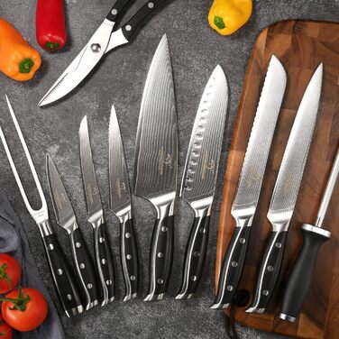 Nanfang Brothers 18-Piece Damascus Kitchen Knife Set with Hammered Handles & Wood Block - Premium Quality Steel Blades